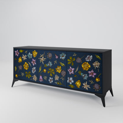 FLOWERS ON NAVY BLUE Skänk med tre dörrar