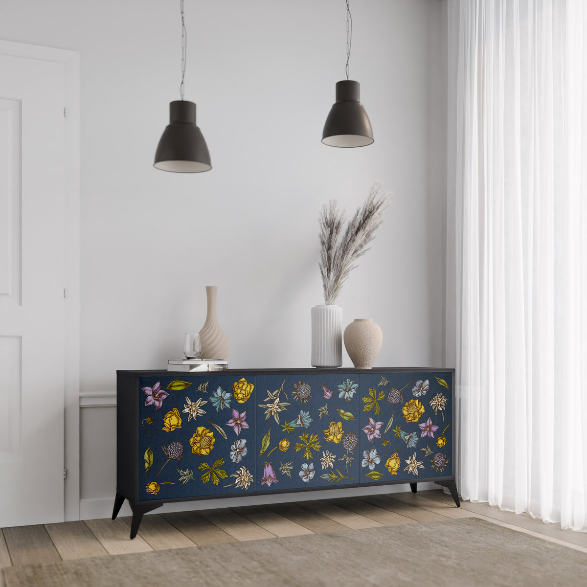 FLOWERS ON NAVY BLUE Skänk med tre dörrar