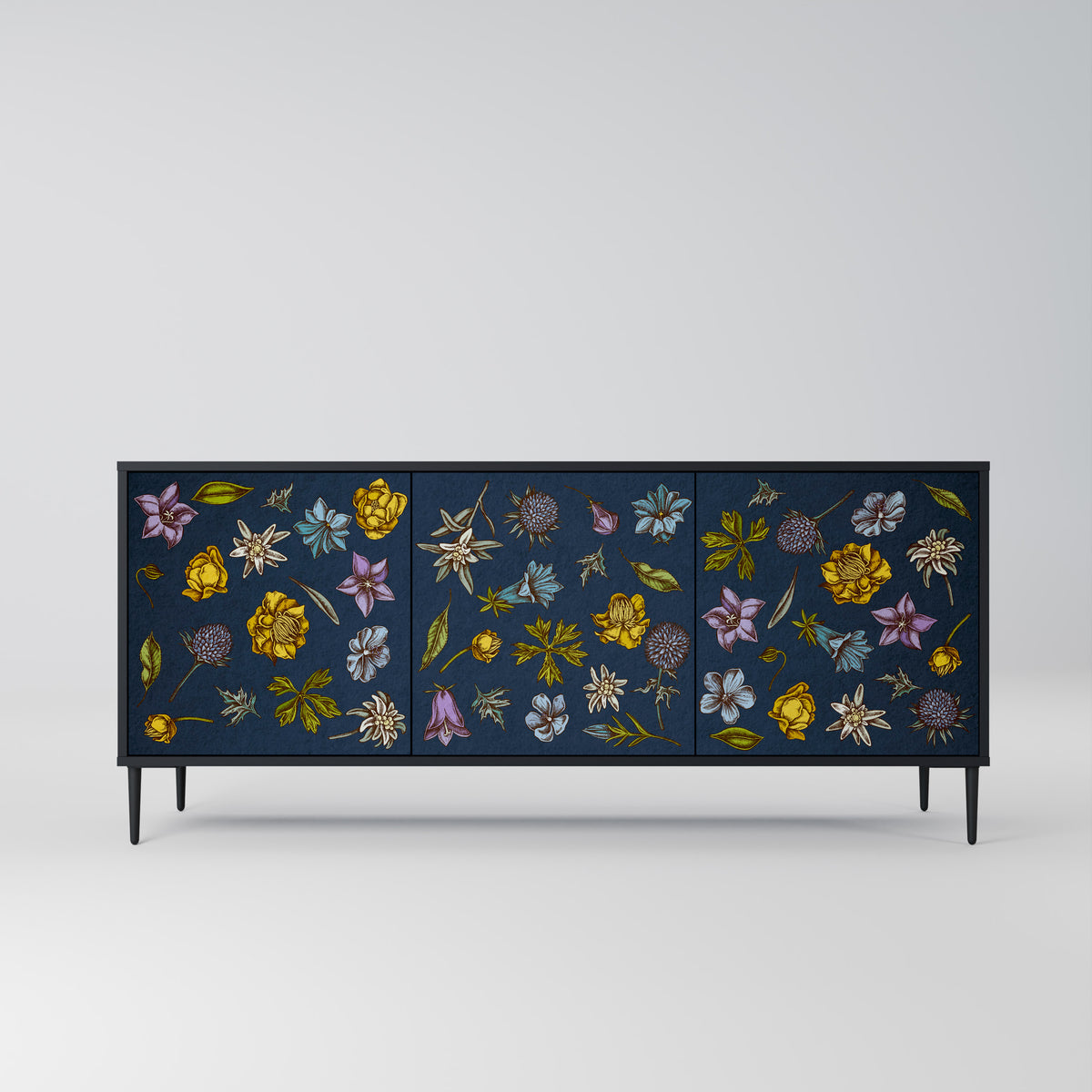 FLOWERS ON NAVY BLUE Skänk med tre dörrar