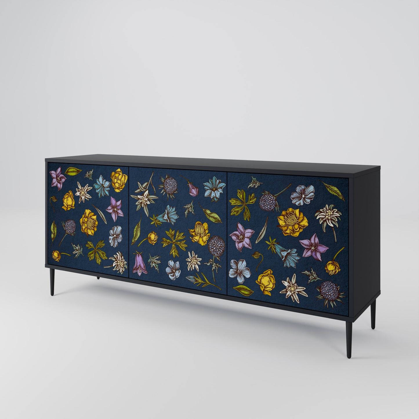 BLOMMOR PÅ MARINBLÅ 3-dörrars skänk i svart finish