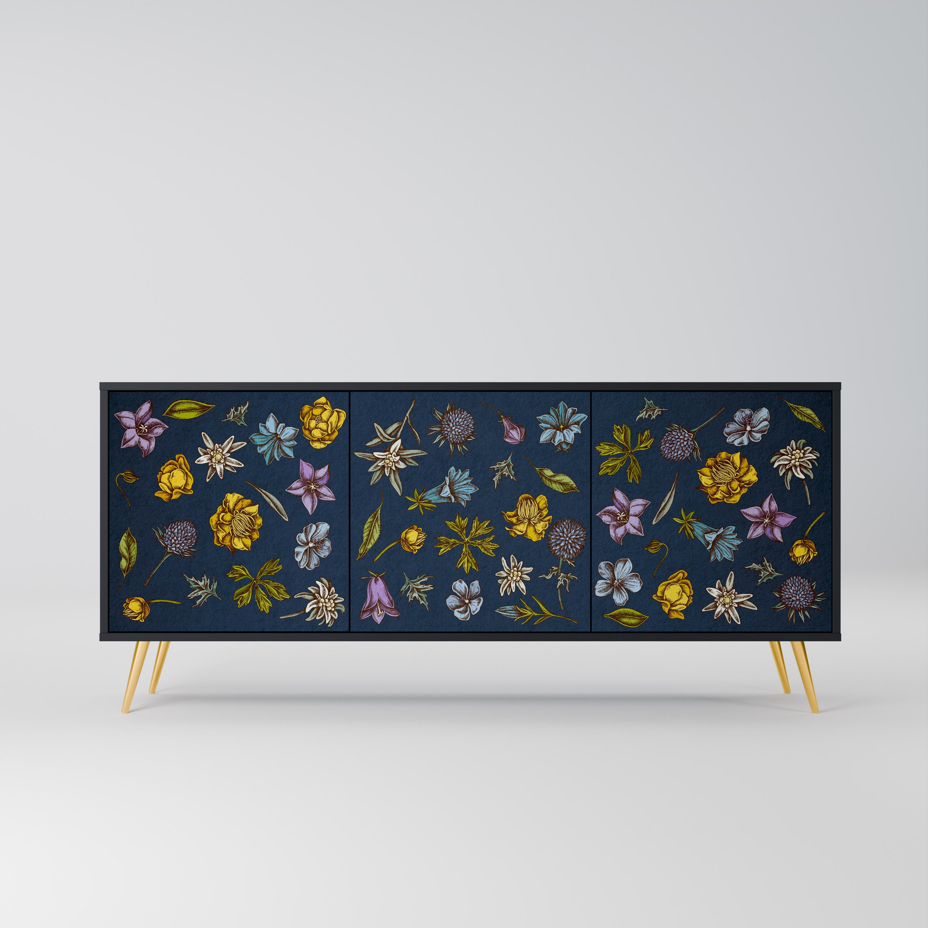 BLOMMOR PÅ MARINBLÅ 3-dörrars skänk i svart finish