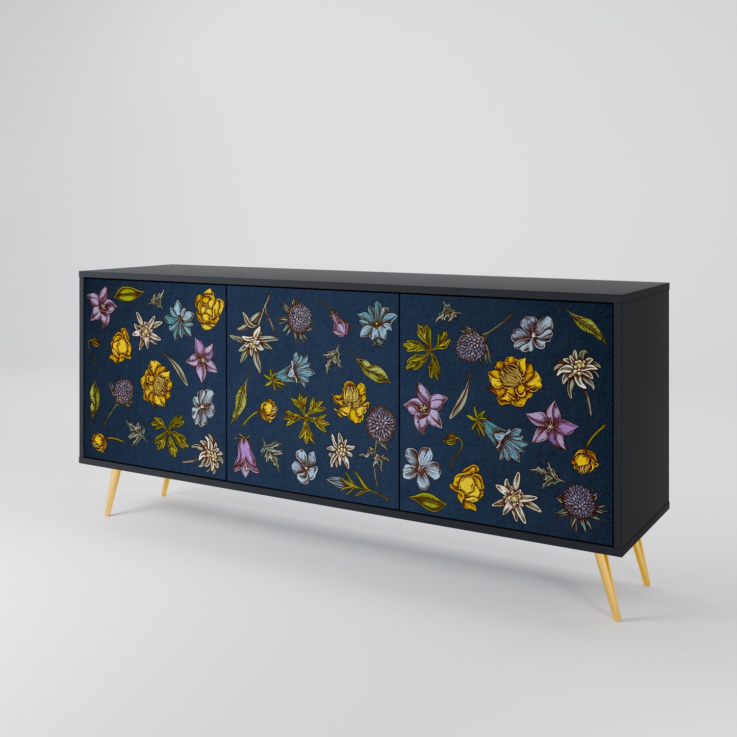 BLOMMOR PÅ MARINBLÅ 3-dörrars skänk i svart finish
