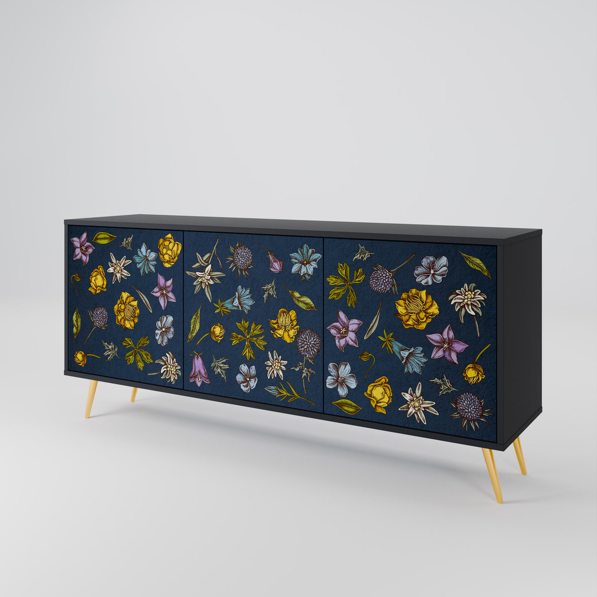 FLOWERS ON NAVY BLUE Skänk med tre dörrar