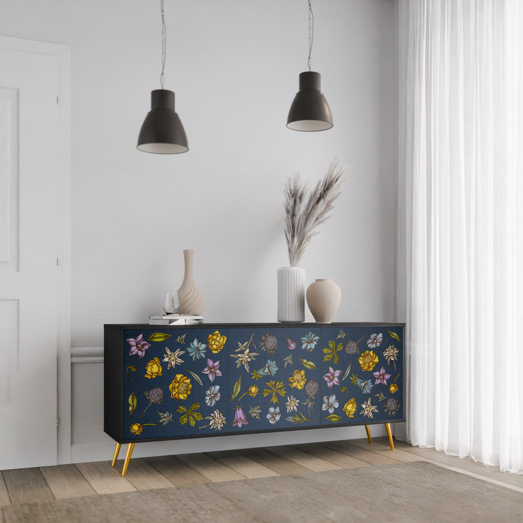 BLOMMOR PÅ MARINBLÅ 3-dörrars skänk i svart finish