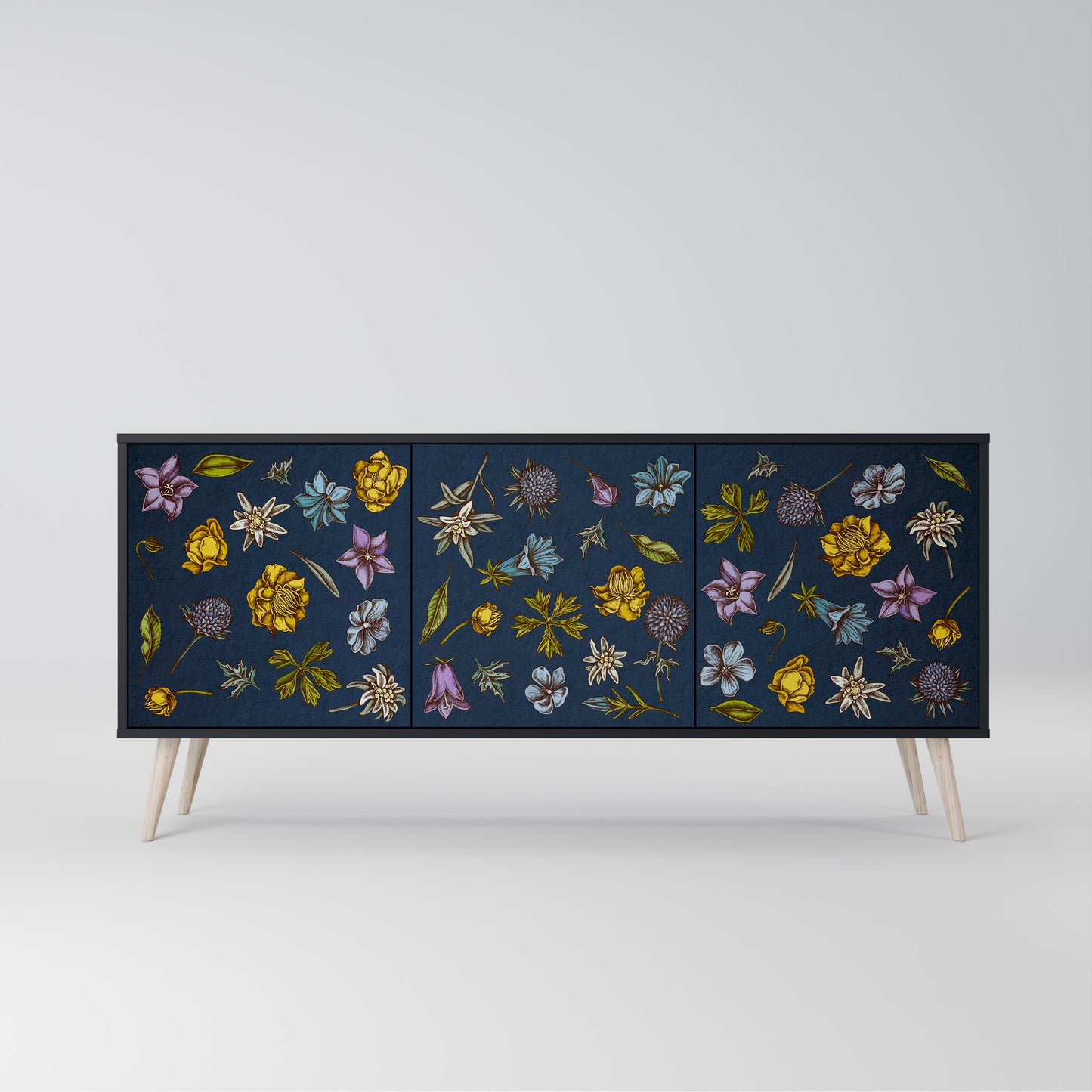 BLOMMOR PÅ MARINBLÅ 3-dörrars skänk i svart finish