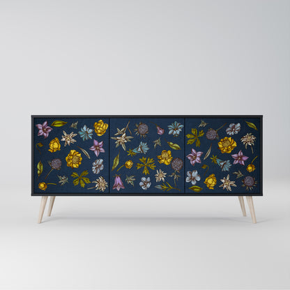 BLOMMOR PÅ MARINBLÅ 3-dörrars skänk i svart finish
