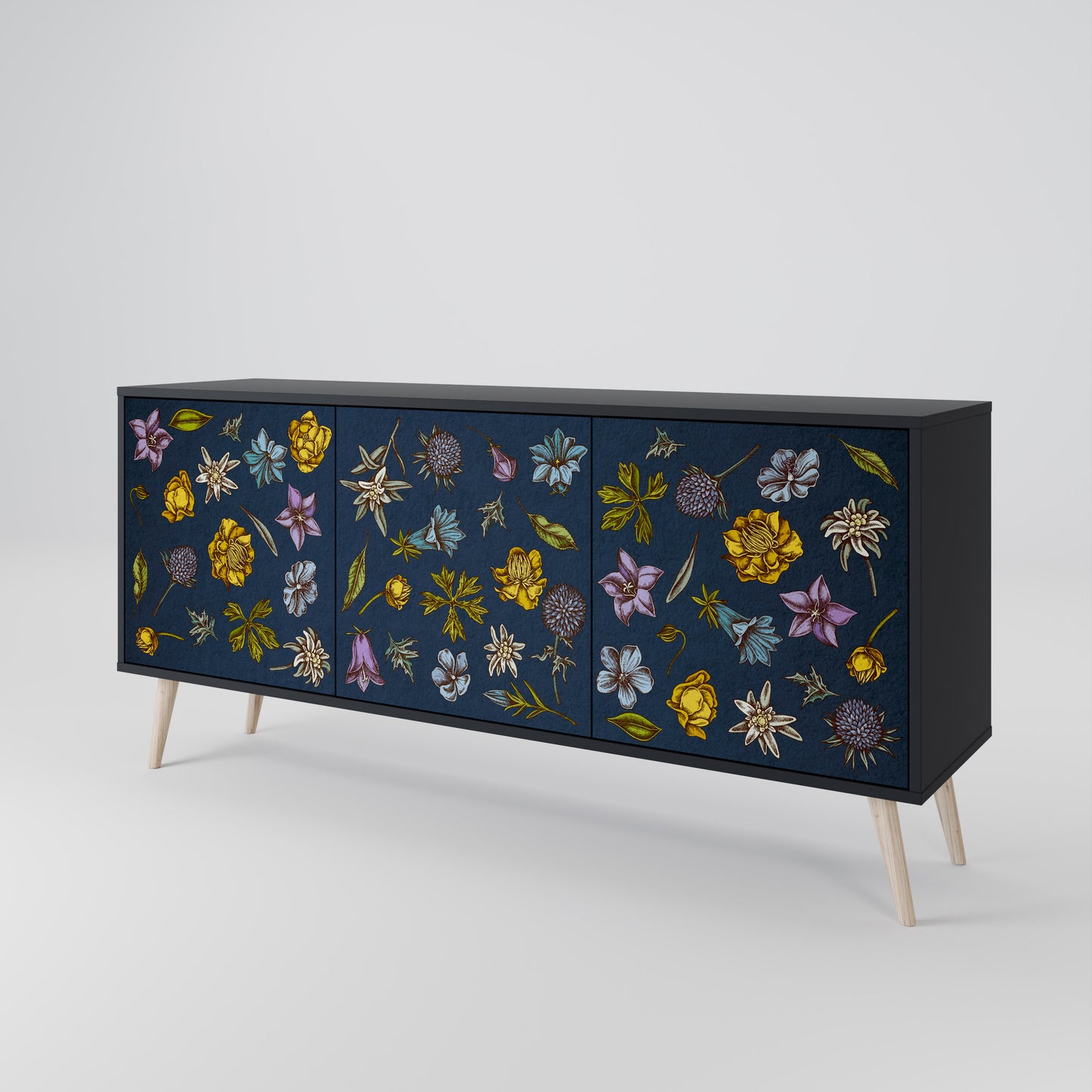 BLOMMOR PÅ MARINBLÅ 3-dörrars skänk i svart finish