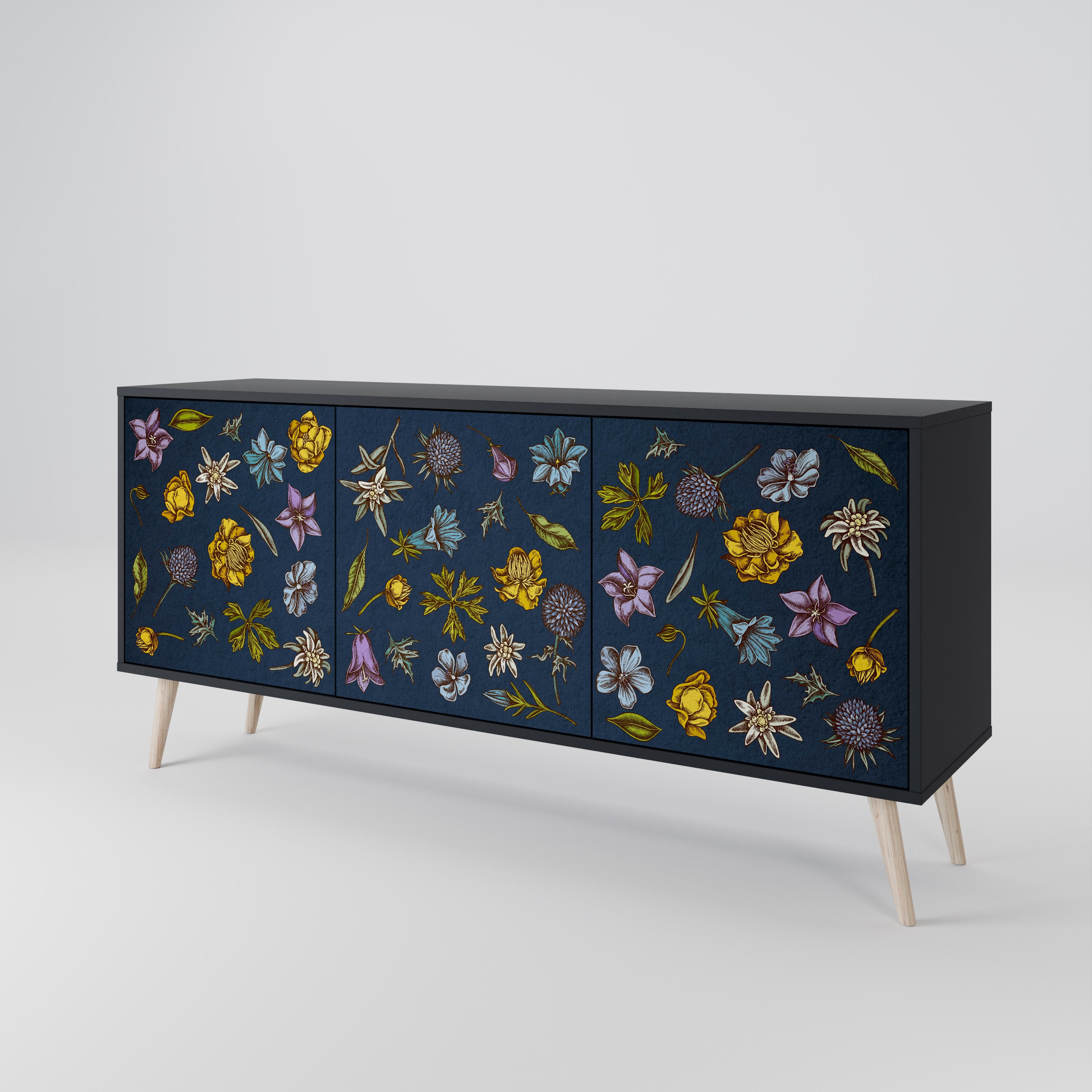 BLOMMOR PÅ MARINBLÅ 3-dörrars skänk i svart finish