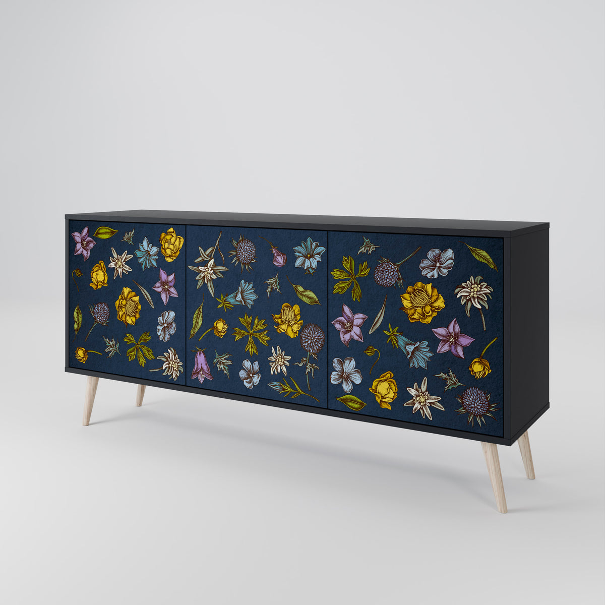 FLOWERS ON NAVY BLUE Skänk med tre dörrar