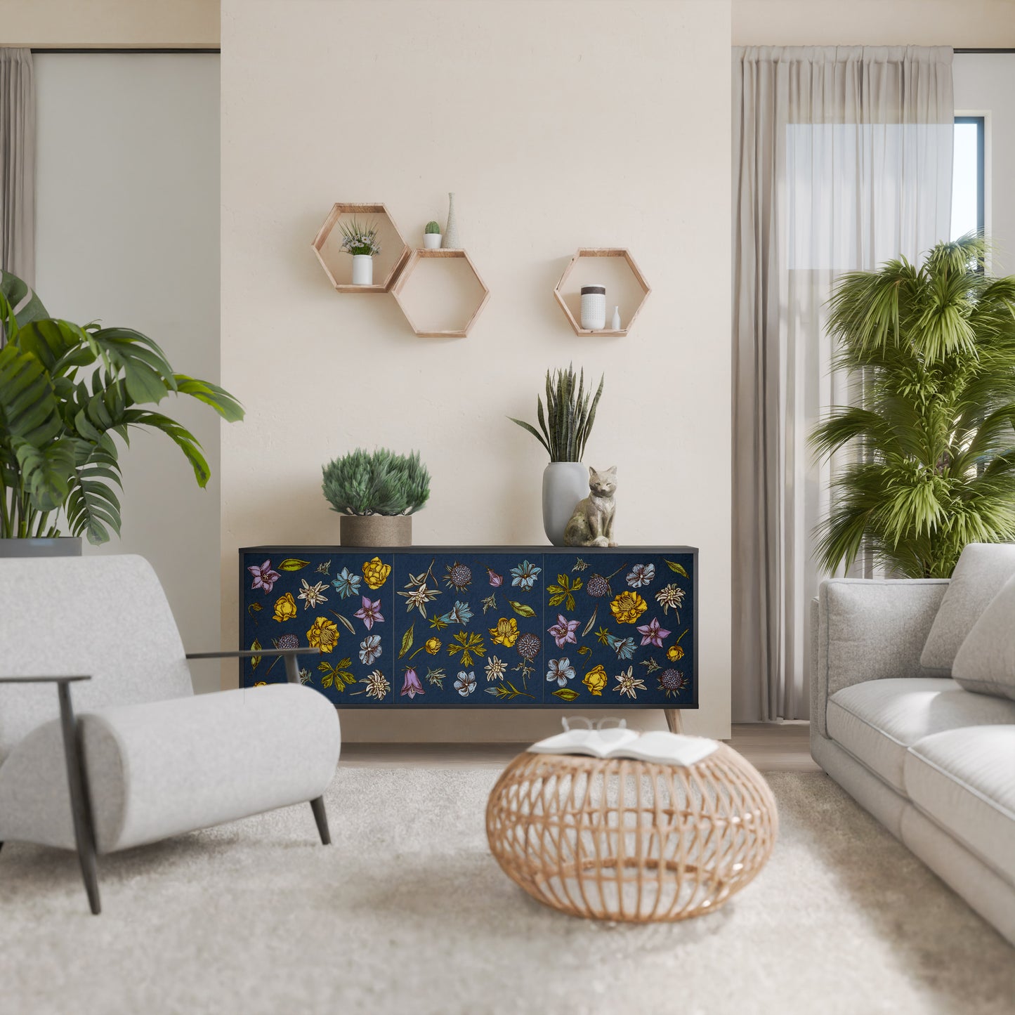 BLOMMOR PÅ MARINBLÅ 3-dörrars skänk i svart finish