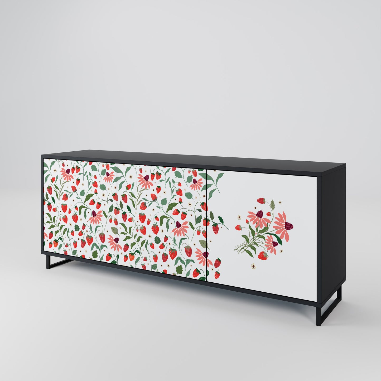 BLOMMOR OCH JORDGUBBAR 3-dörrars skänk i svart finish