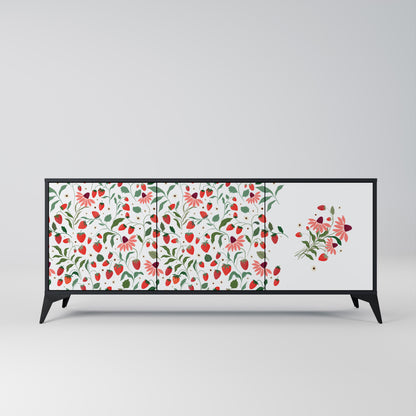 BLOMMOR OCH JORDGUBBAR 3-dörrars skänk i svart finish