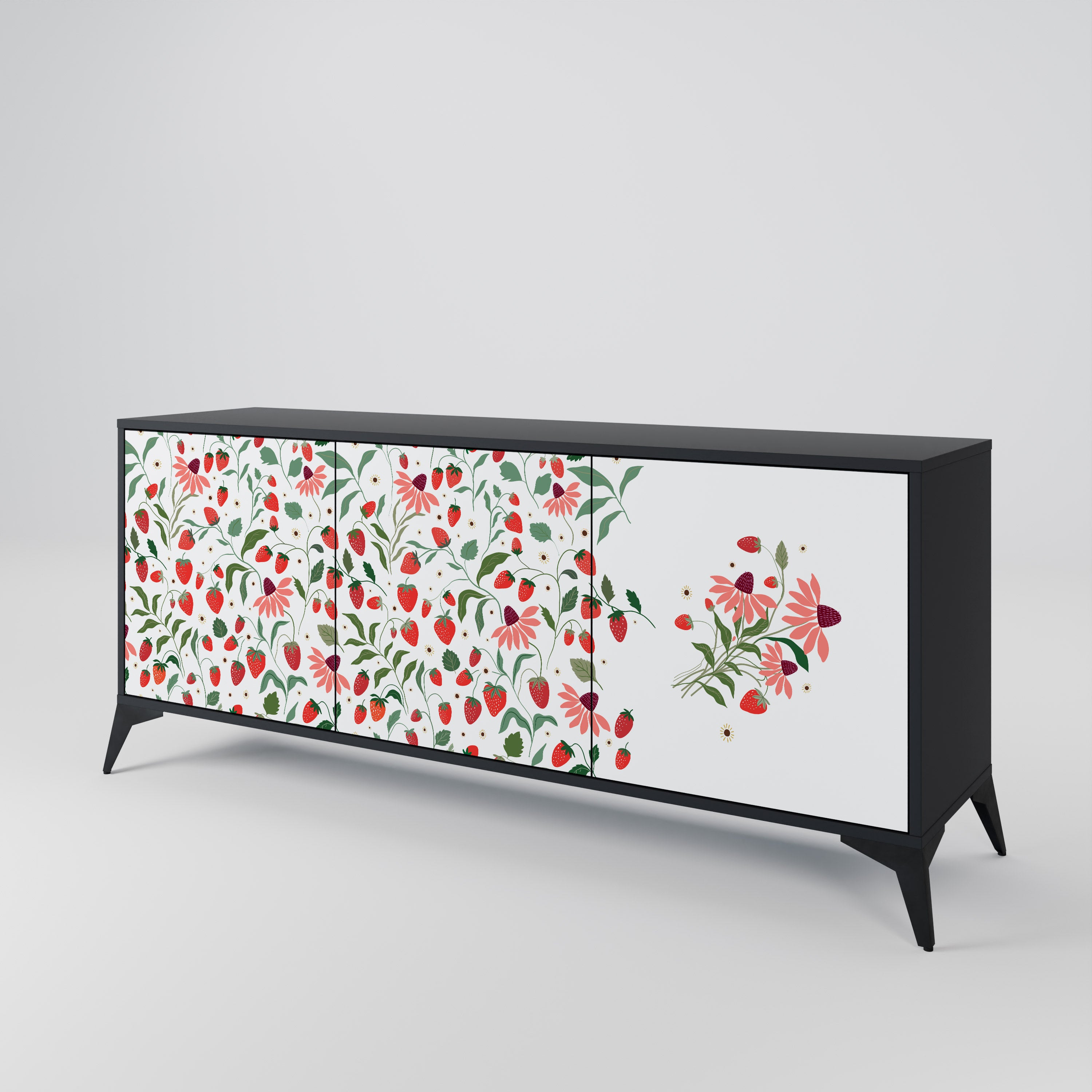 BLOMMOR OCH JORDGUBBAR 3-dörrars skänk i svart finish
