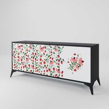 BLOMMOR OCH JORDGUBBAR 3-dörrars skänk i svart finish