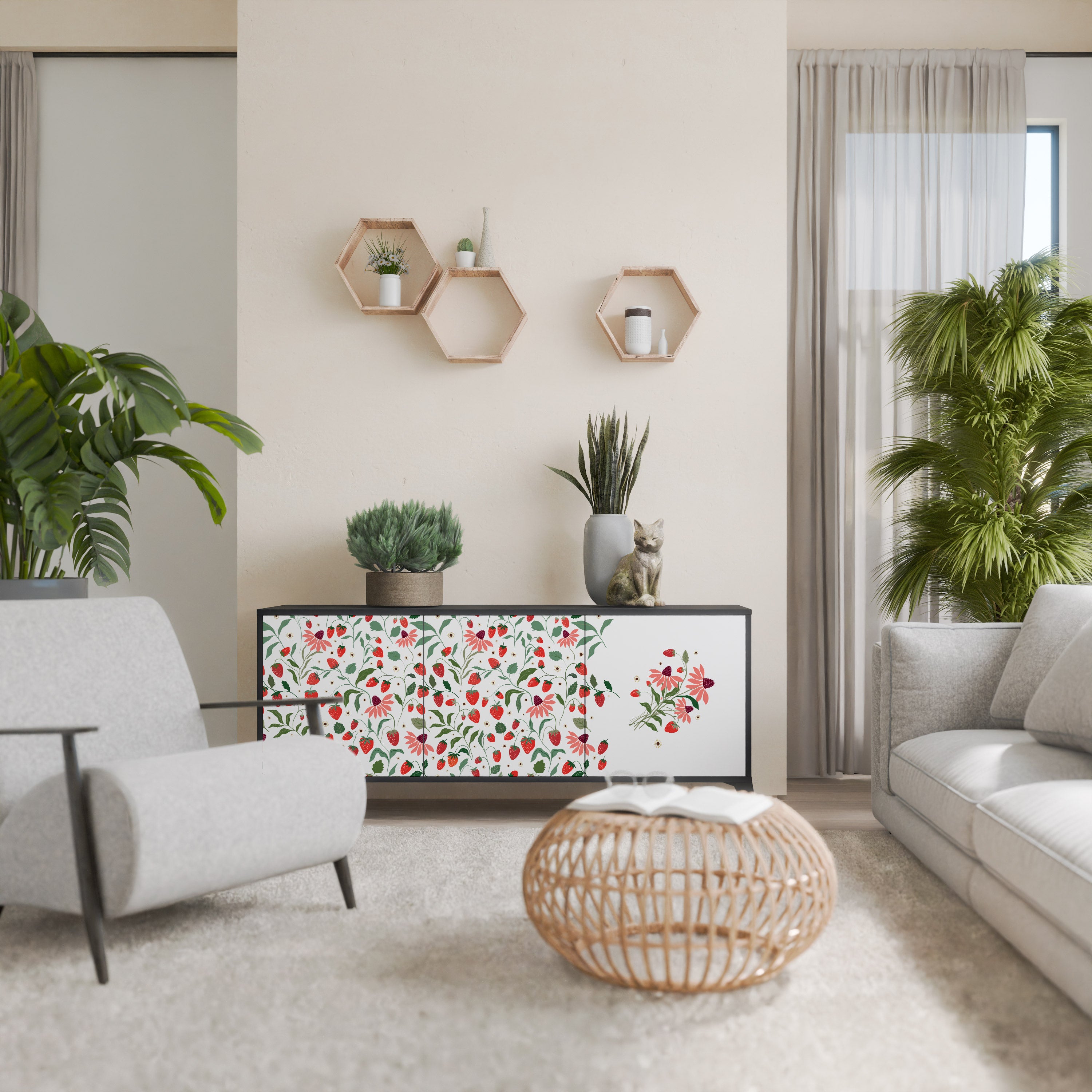 BLOMMOR OCH JORDGUBBAR 3-dörrars skänk i svart finish