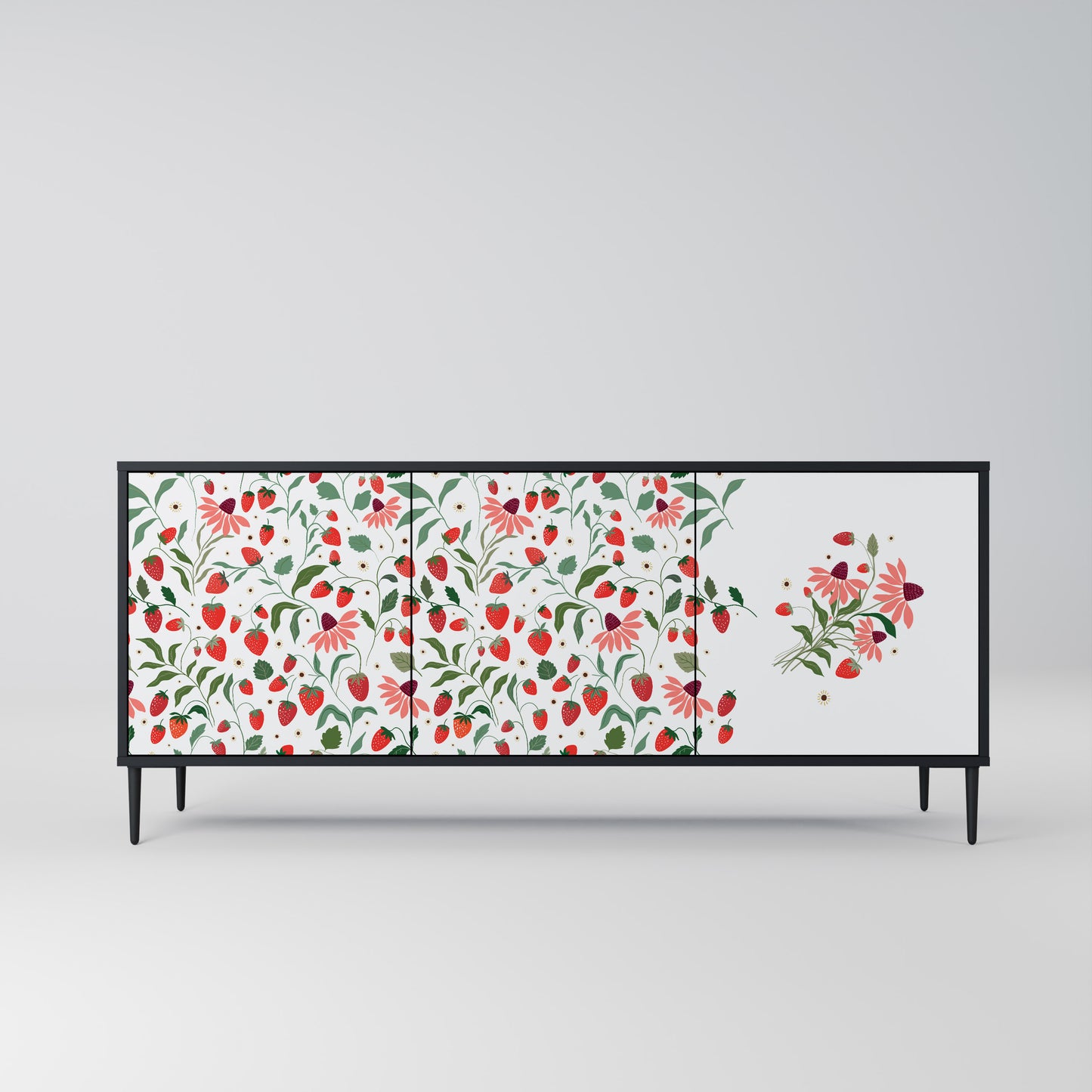 BLOMMOR OCH JORDGUBBAR 3-dörrars skänk i svart finish