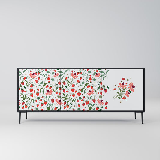 BLOMMOR OCH JORDGUBBAR 3-dörrars skänk i svart finish