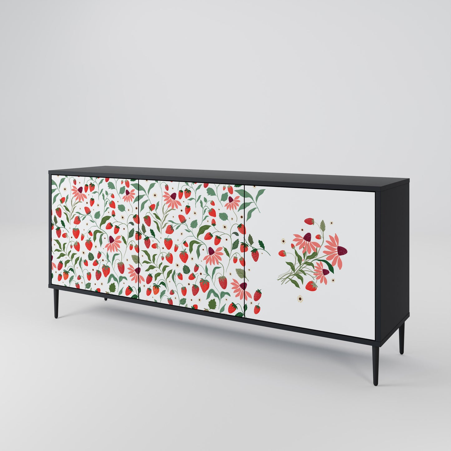 BLOMMOR OCH JORDGUBBAR 3-dörrars skänk i svart finish