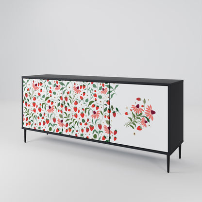 BLOMMOR OCH JORDGUBBAR 3-dörrars skänk i svart finish