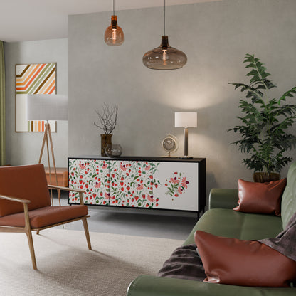 BLOMMOR OCH JORDGUBBAR 3-dörrars skänk i svart finish