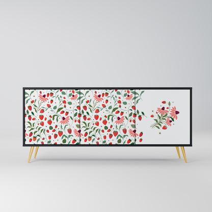 BLOMMOR OCH JORDGUBBAR 3-dörrars skänk i svart finish