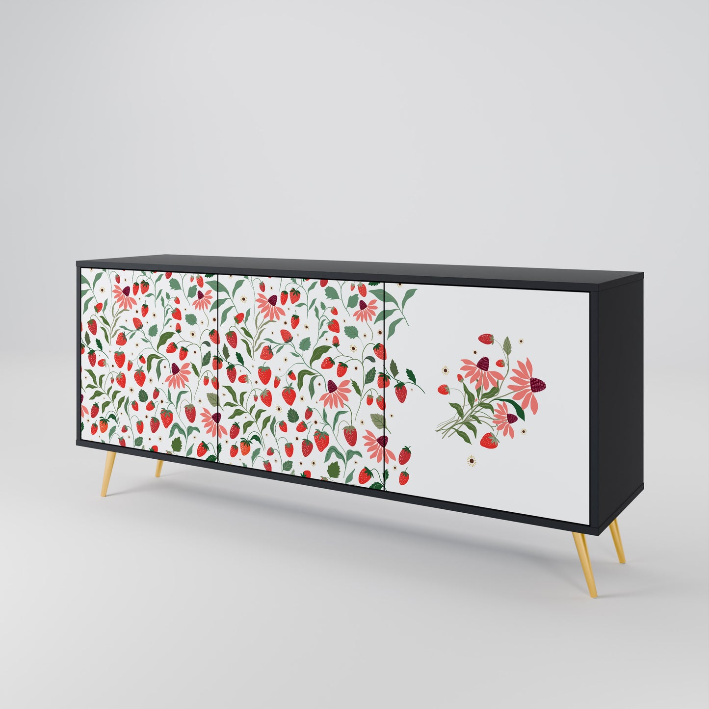 BLOMMOR OCH JORDGUBBAR 3-dörrars skänk i svart finish