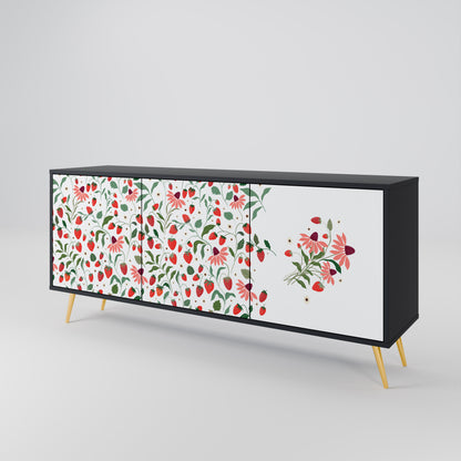 BLOMMOR OCH JORDGUBBAR 3-dörrars skänk i svart finish