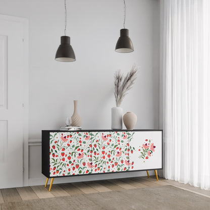 BLOMMOR OCH JORDGUBBAR 3-dörrars skänk i svart finish