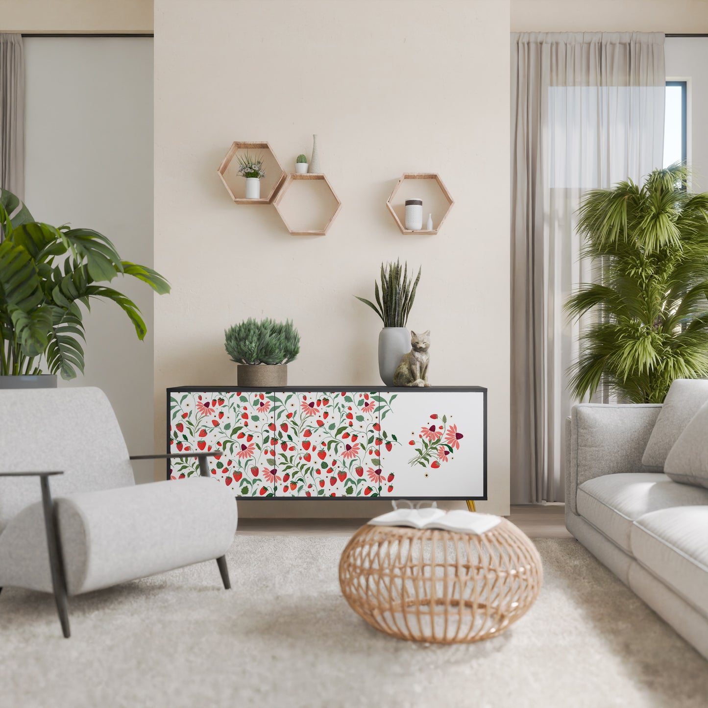 BLOMMOR OCH JORDGUBBAR 3-dörrars skänk i svart finish
