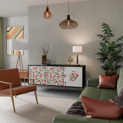 BLOMMOR OCH JORDGUBBAR 3-dörrars skänk i svart finish
