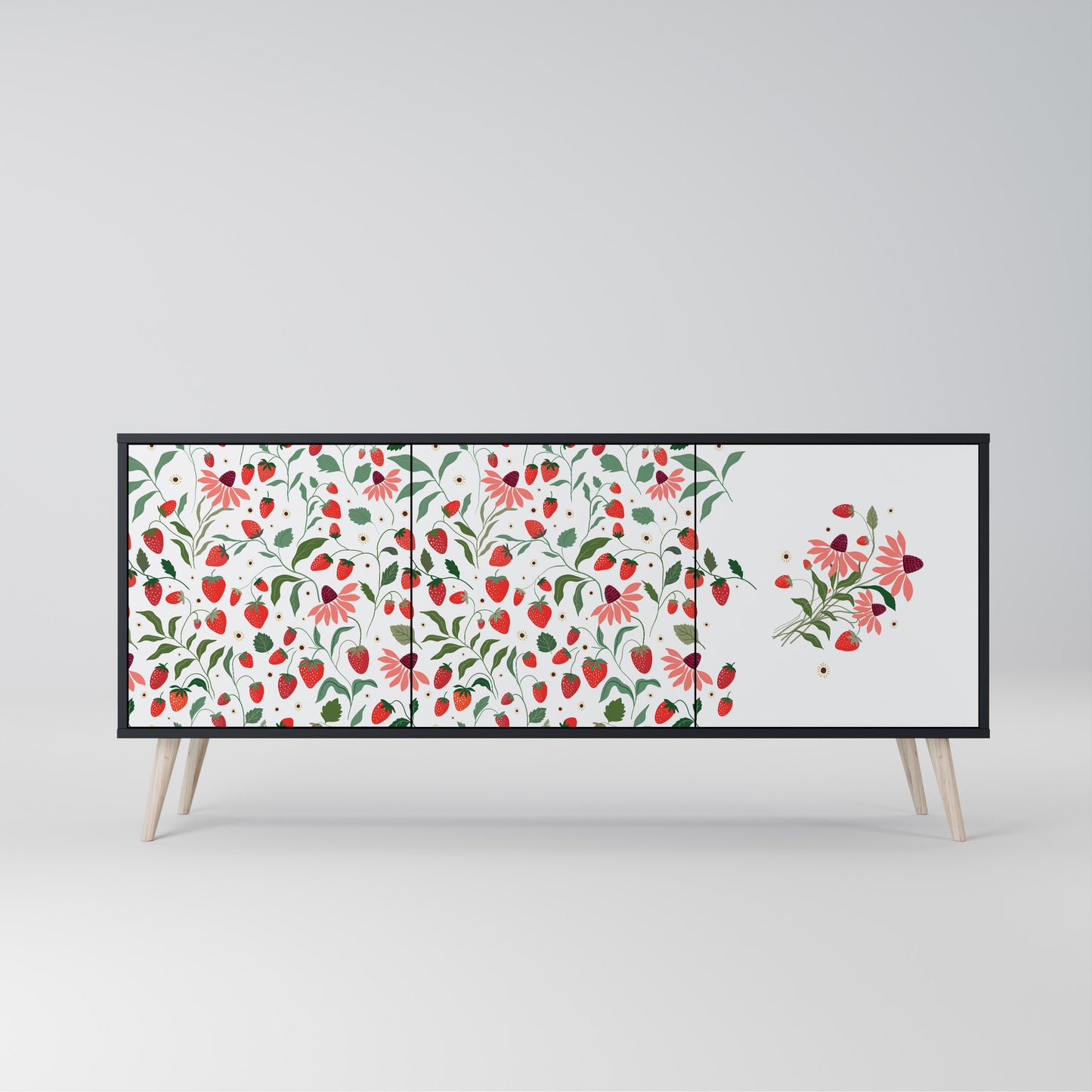 BLOMMOR OCH JORDGUBBAR 3-dörrars skänk i svart finish