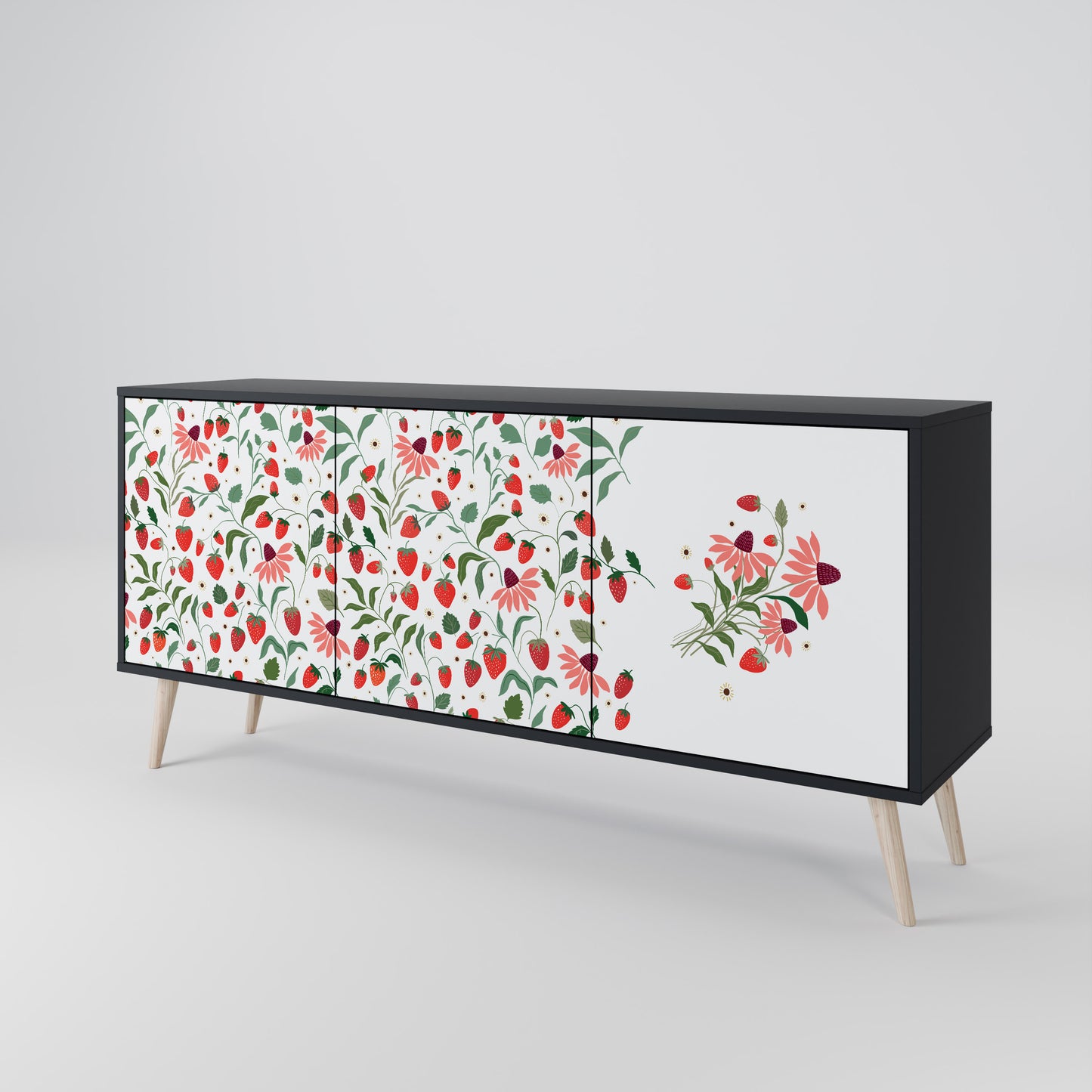 BLOMMOR OCH JORDGUBBAR 3-dörrars skänk i svart finish