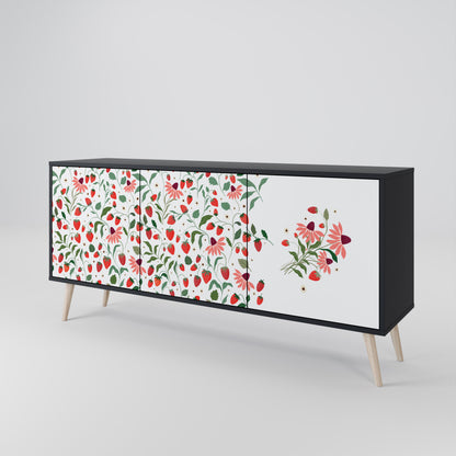 BLOMMOR OCH JORDGUBBAR 3-dörrars skänk i svart finish