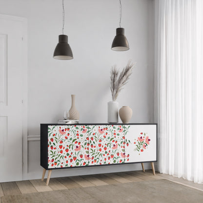 BLOMMOR OCH JORDGUBBAR 3-dörrars skänk i svart finish