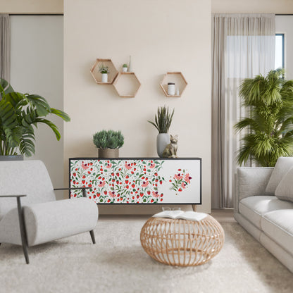 BLOMMOR OCH JORDGUBBAR 3-dörrars skänk i svart finish