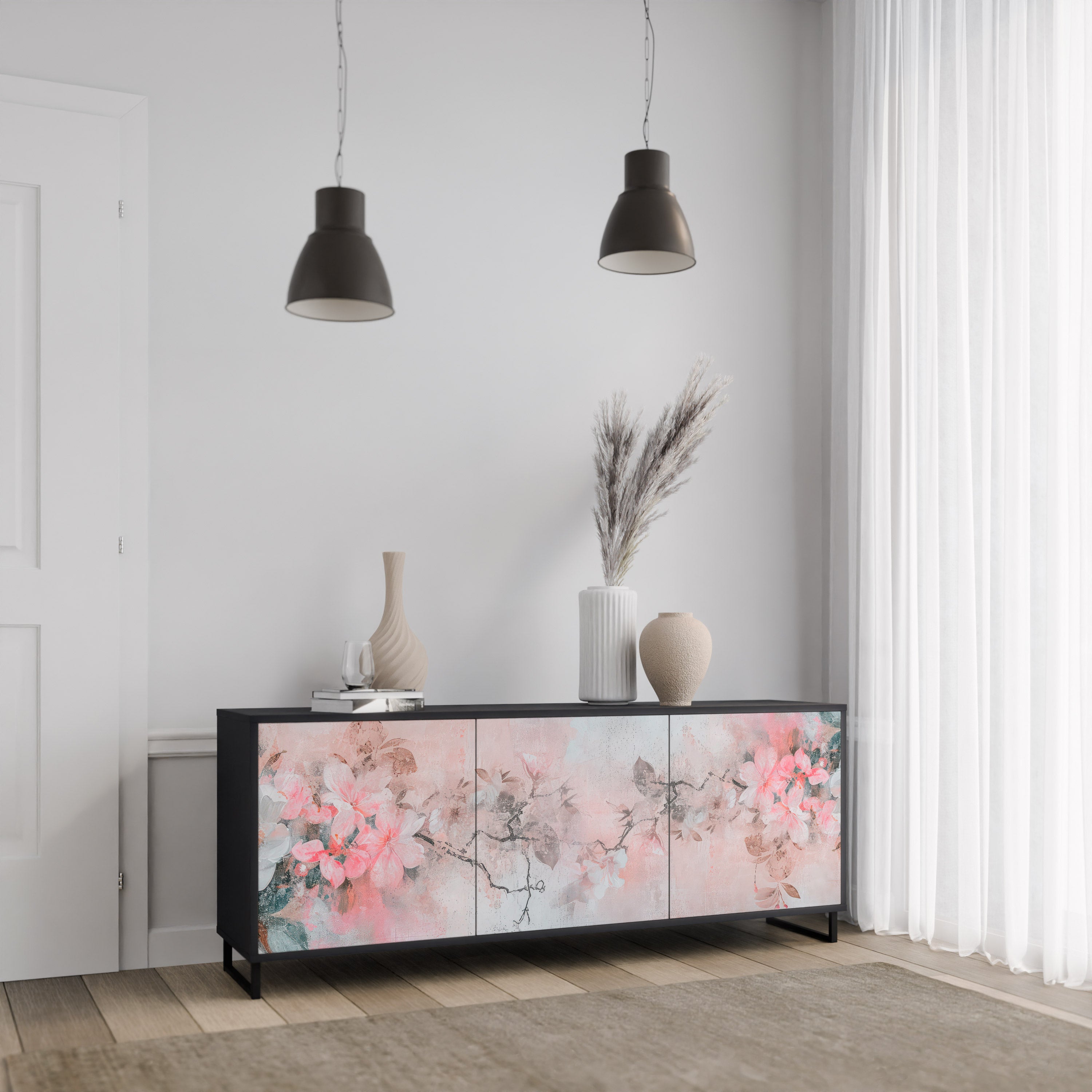 CHERRY BLOSSOM 3-dörrars skänk i svart finish