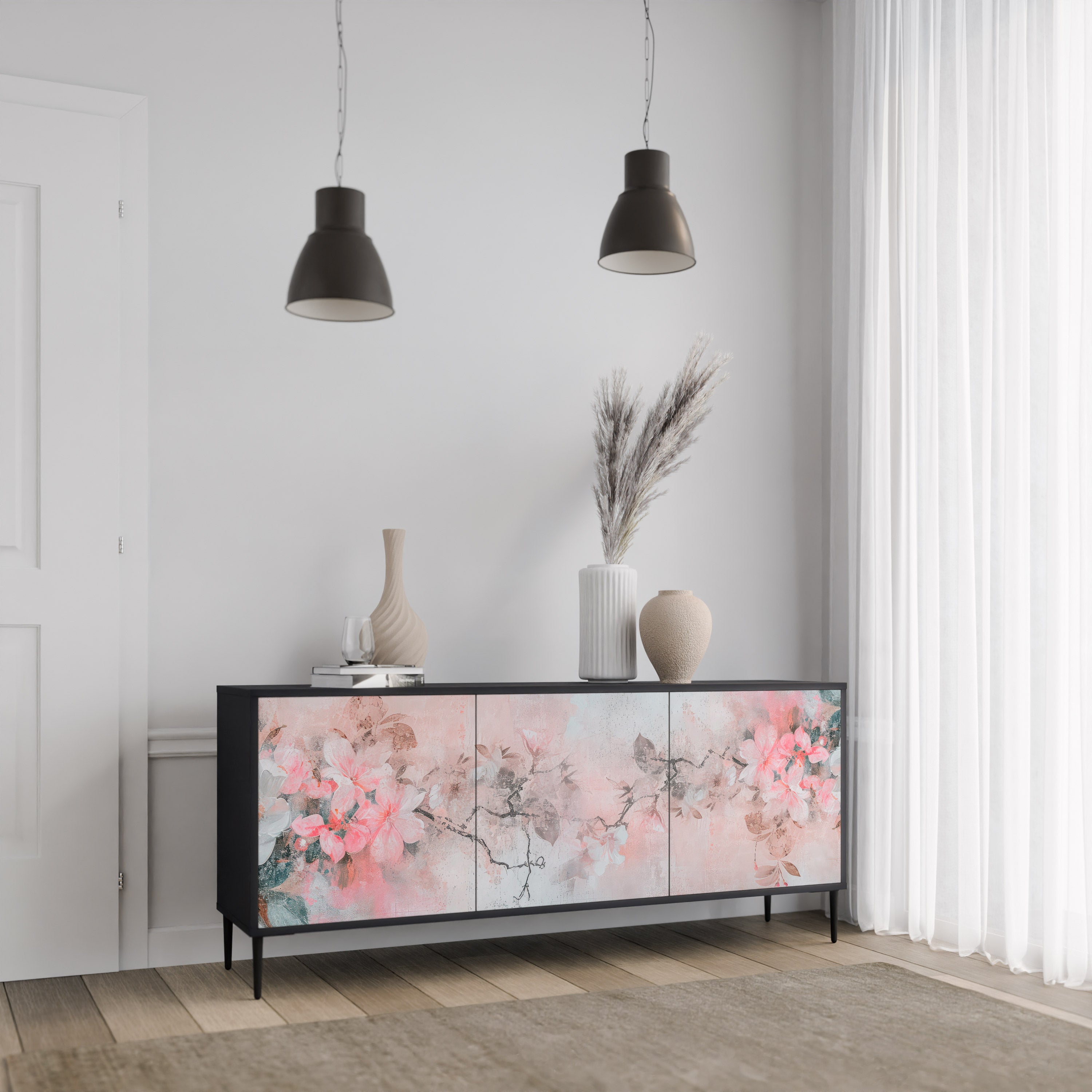 CHERRY BLOSSOM 3-dörrars skänk i svart finish