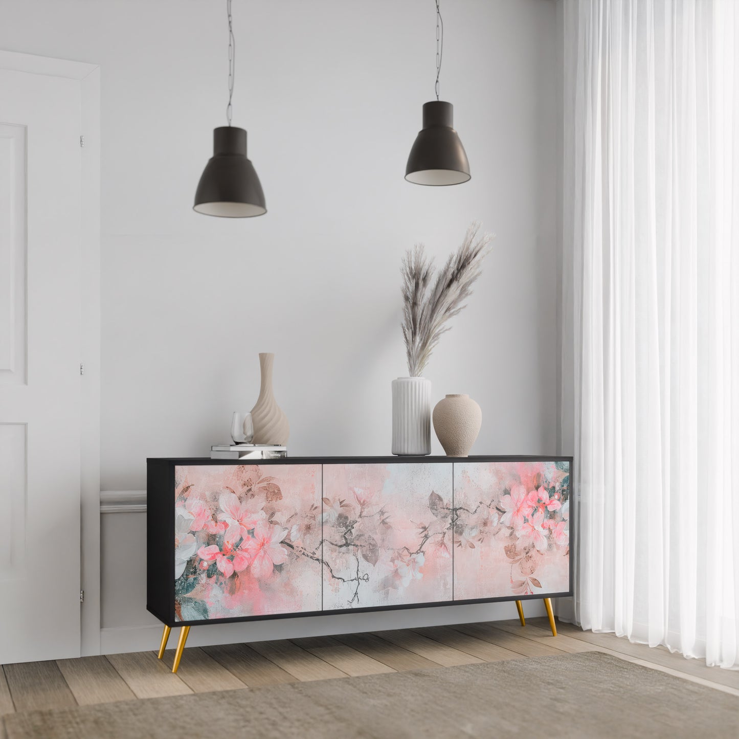 CHERRY BLOSSOM 3-dörrars skänk i svart finish