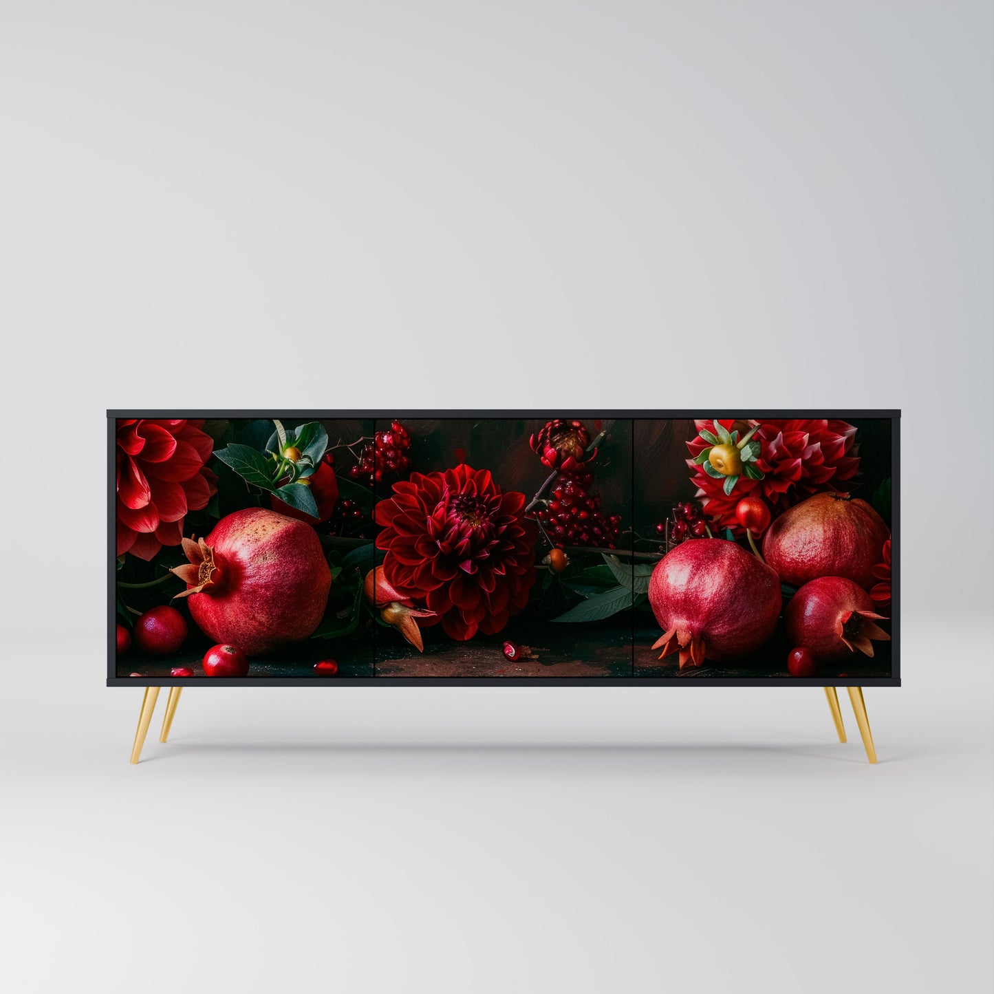 DAHLIA OCH GRANATÄPPEL 3-dörrars skänk i svart finish
