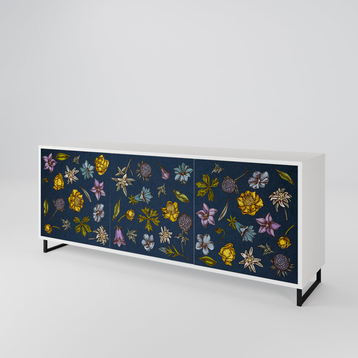 FLOWERS ON NAVY BLUE Skänk med tre dörrar