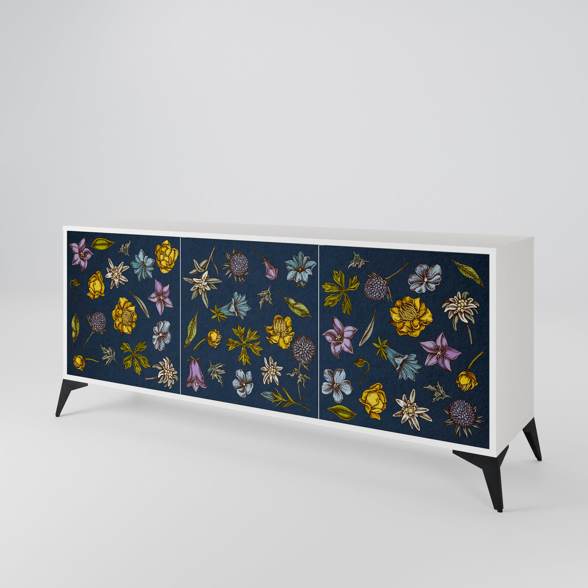 FLOWERS ON NAVY BLUE Skänk med tre dörrar