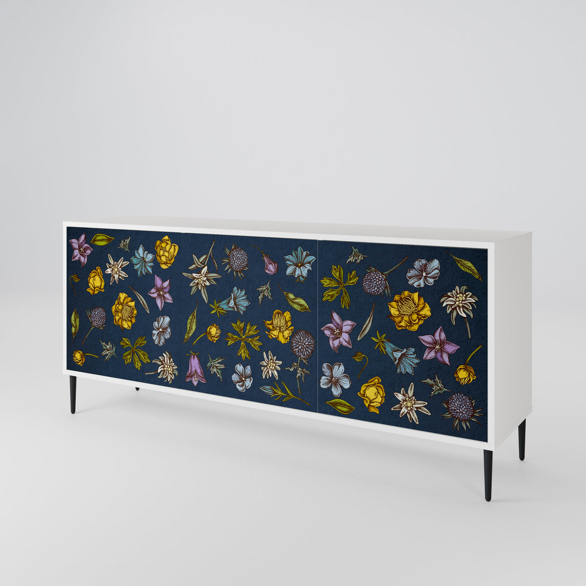 FLOWERS ON NAVY BLUE Skänk med tre dörrar