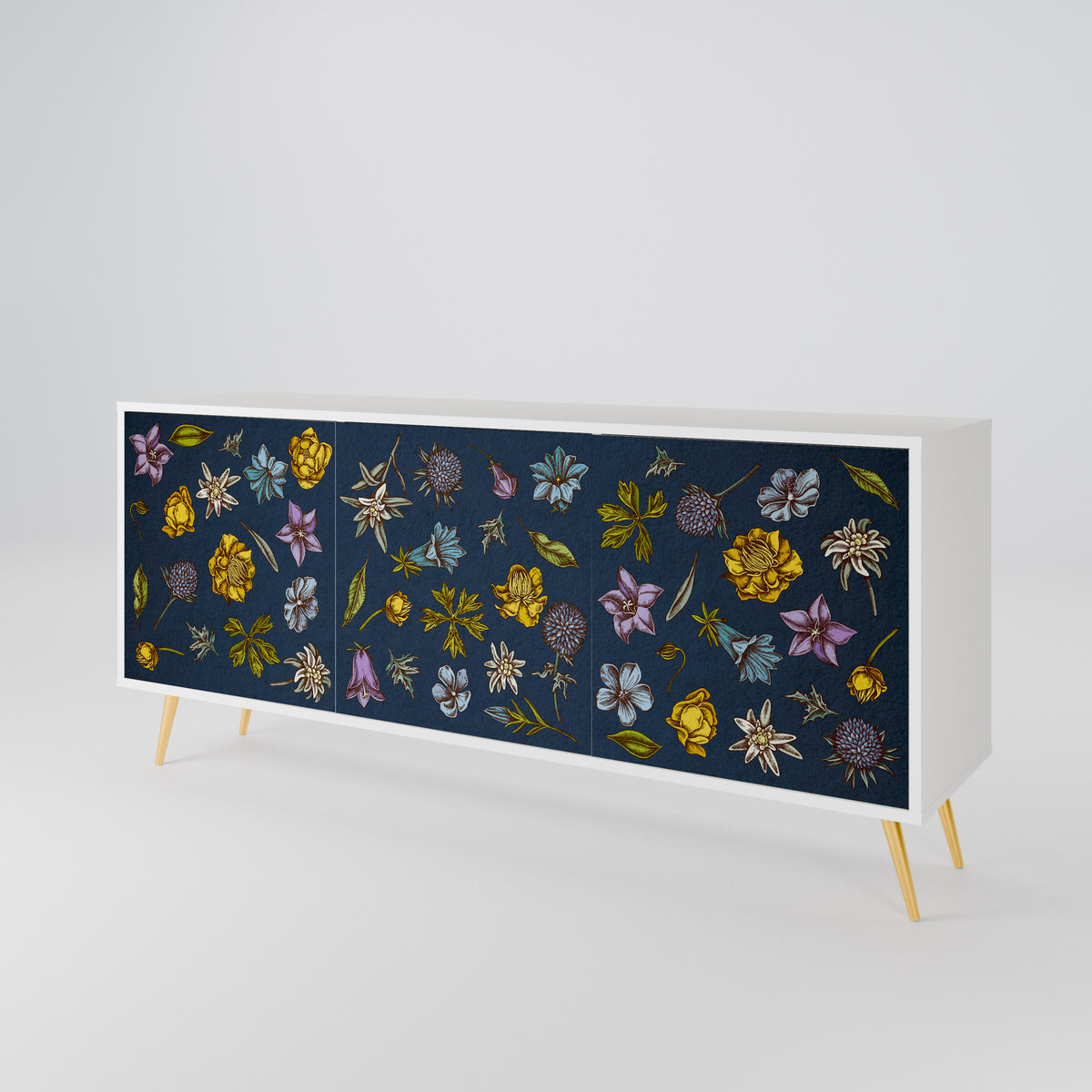 FLOWERS ON NAVY BLUE Skänk med tre dörrar