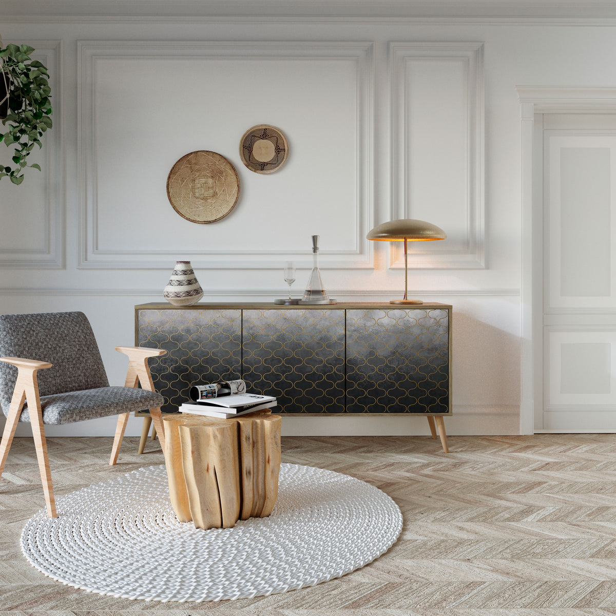 TESSELATED GRAYISH Skänk med tre dörrar