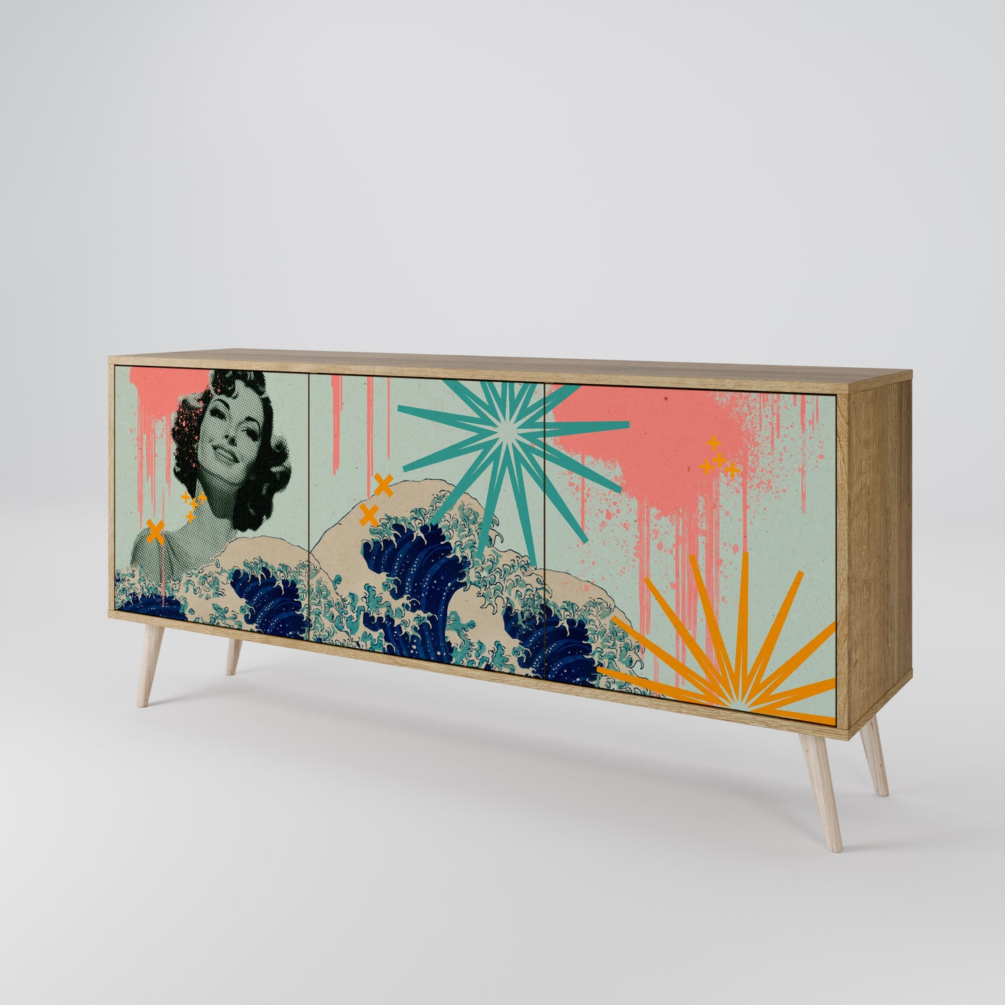KANAGAWA BEAUTY 3-dörrars skänk i ekeffekt