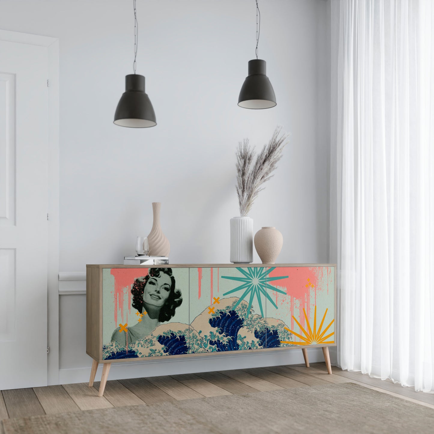 KANAGAWA BEAUTY 3-dörrars skänk i ekeffekt