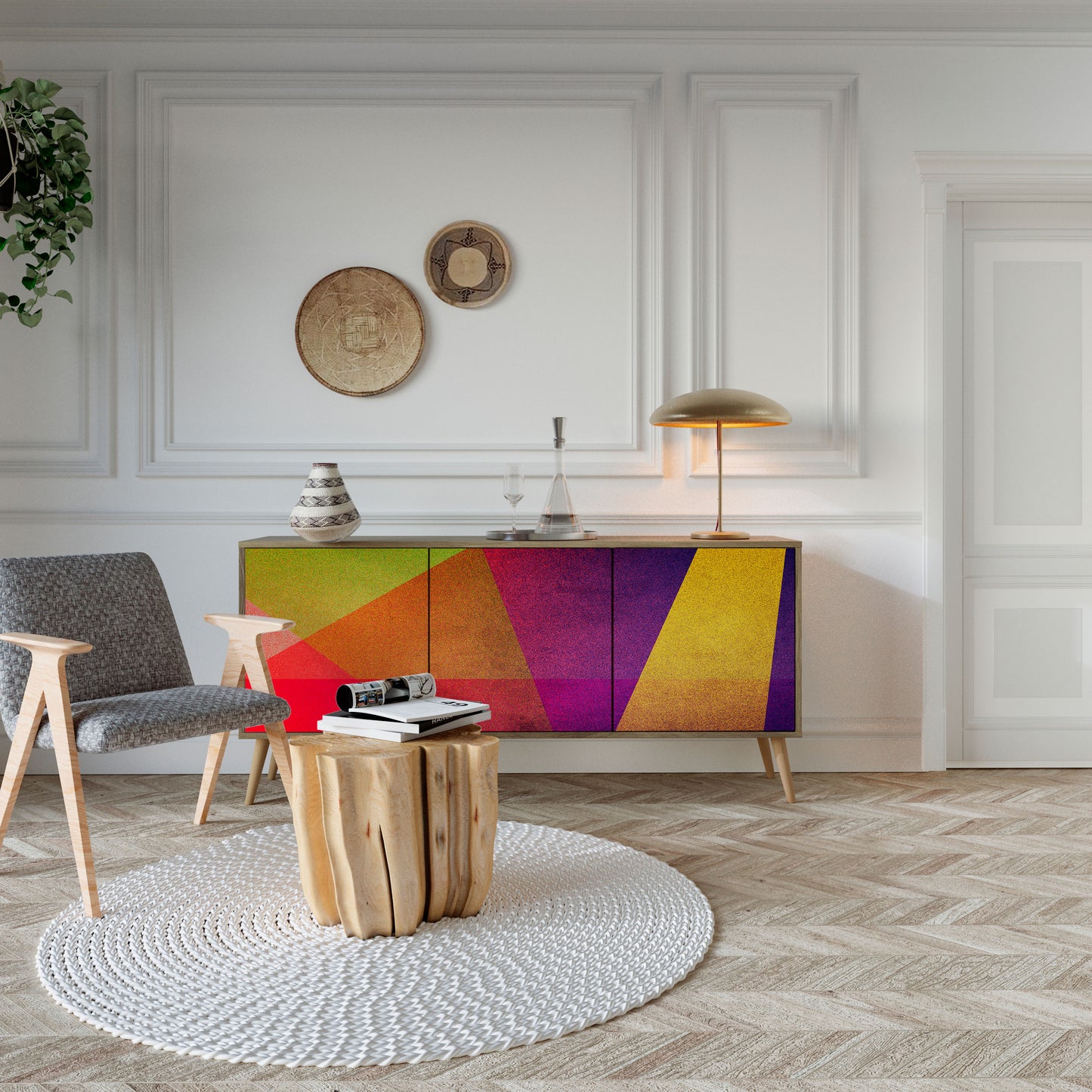 VIVID GEOMETRY 3-dörrars skänk i ekeffekt