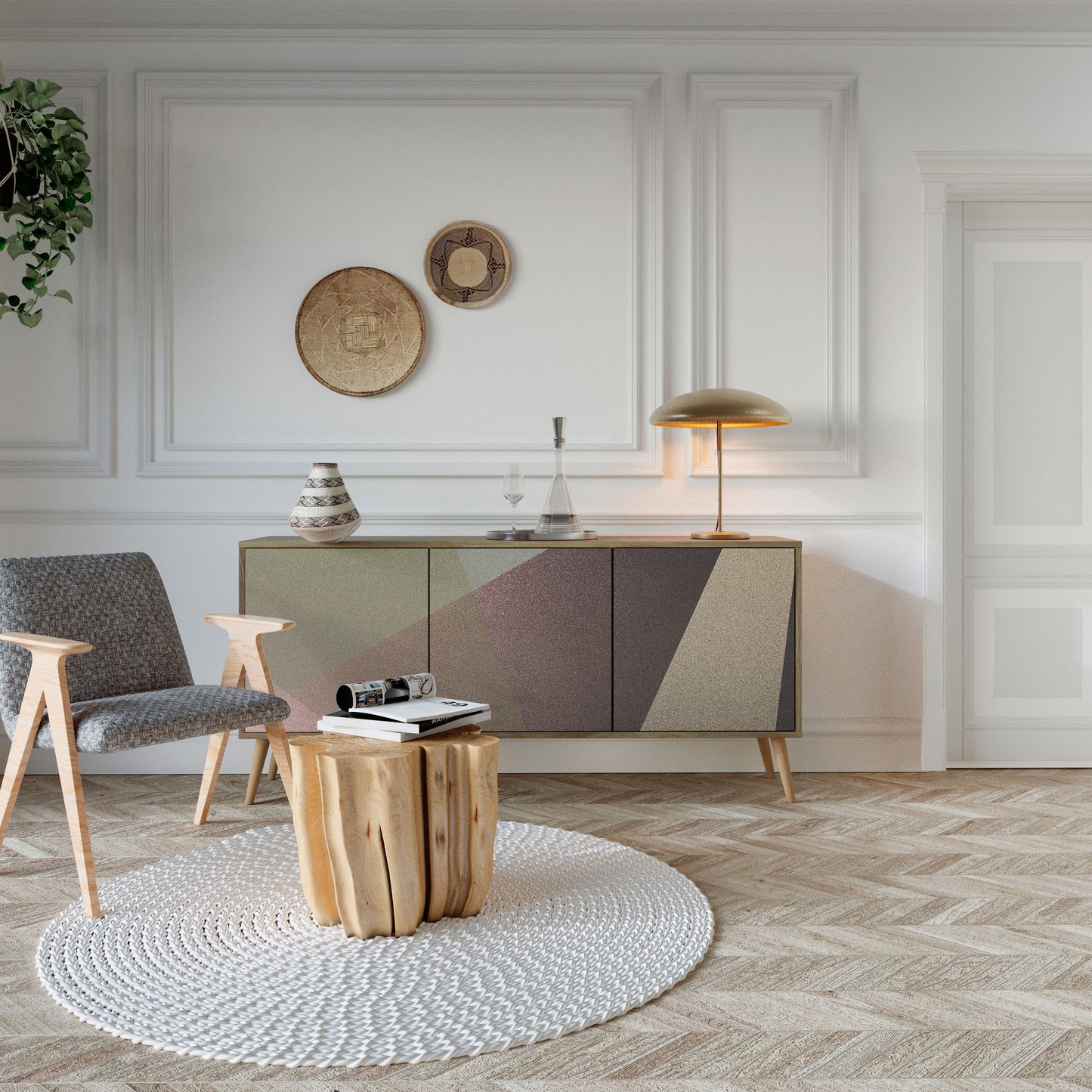BEIGE GEOMETRY 3-dörrars skänk i ekeffekt