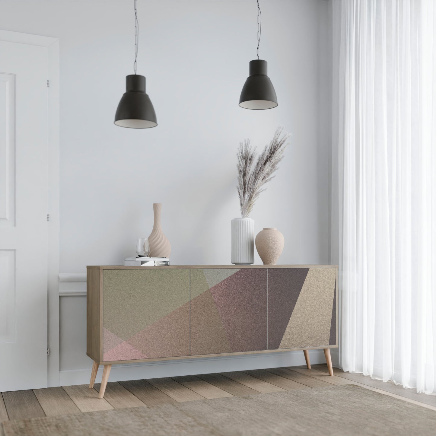 BEIGE GEOMETRY 3-dörrars skänk i ekeffekt