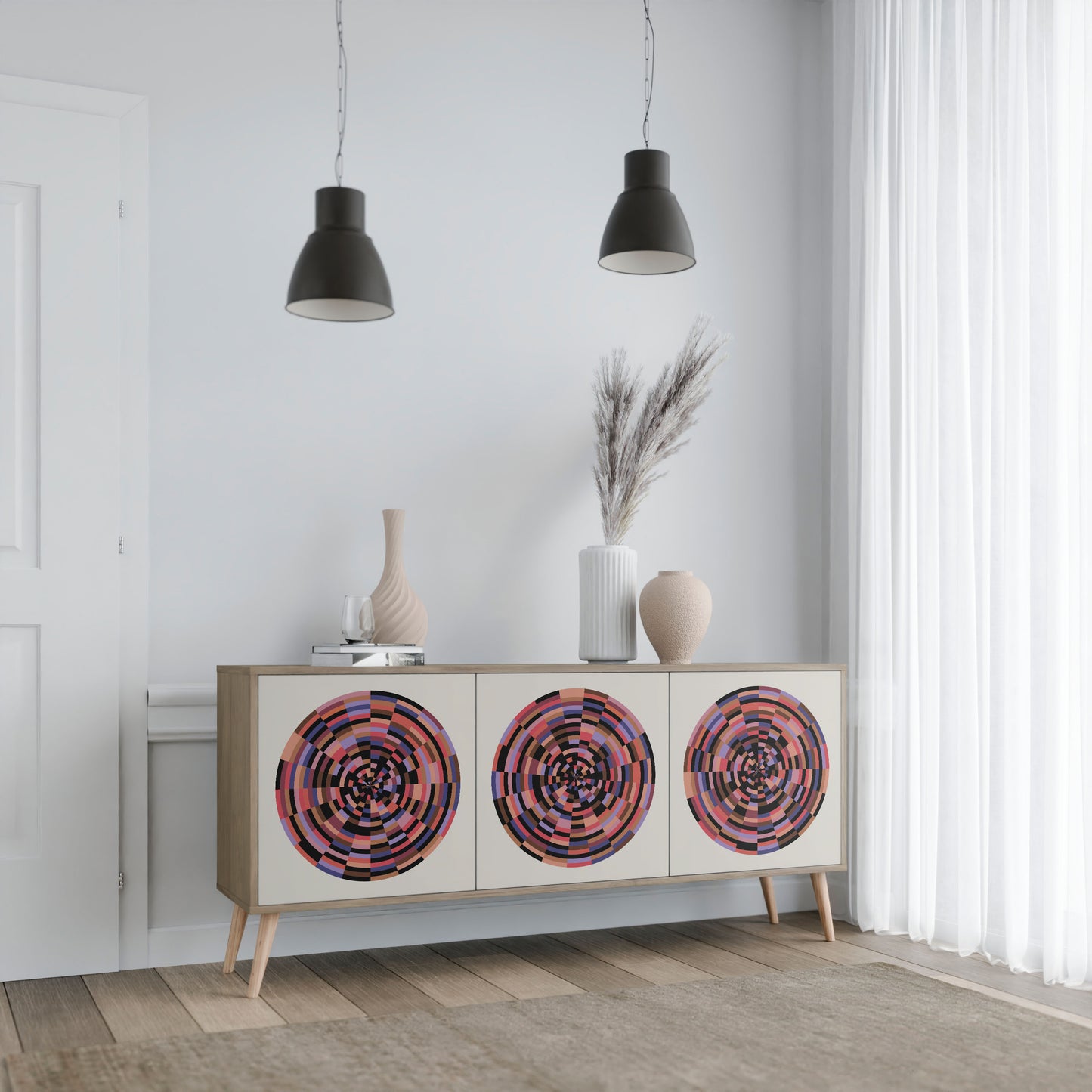 BROWN CIRCLES 3-Door Sideboard in Oak Effect